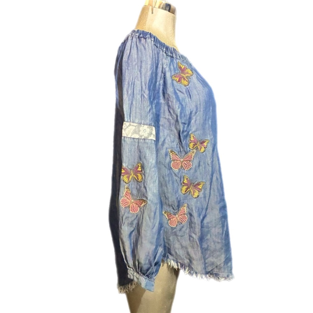 Standard Grace Chambray Butterfly Embroidery Tunic Shirt Off-Shoulder Size Large